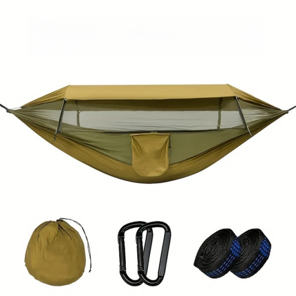 290 x 140CM Professional Nylon Hammock with Integrated Mosquito Net & Sunshade - 2-Person  Anti-Rollover Camping Swing with Heavy-Duty Installation Kit (Camouflage Green)