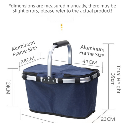 Blue Foldable Insulated Picnic Basket With Zipper Lid & Handle - Modern Minimalist Large Capacity Thermal Shopping Basket for Grocery, Camping, and Meal Delivery
