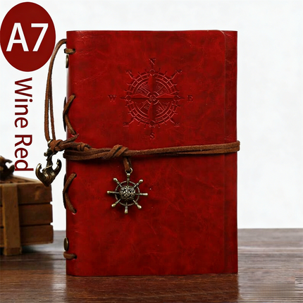 2-Pack A7 Nautical Vintage PU Leather Student Notebook - Pirate Style Strapped Diary with 150 Pages of Refillable Kraft Paper(Wine Red)