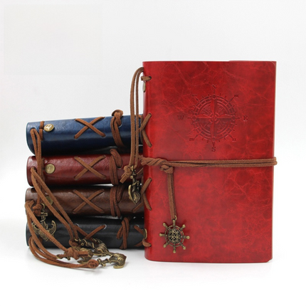 2-Pack A7 Nautical Vintage PU Leather Student Notebook - Pirate Style Strapped Diary with 150 Pages of Refillable Kraft Paper(Wine Red)