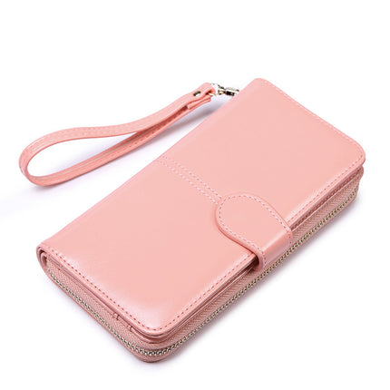 Pink Women's Long Buckle Closure Wallet - PU Lether Large Capacity Multi-Slot Card Holder & Purse Combo wIth Wristband