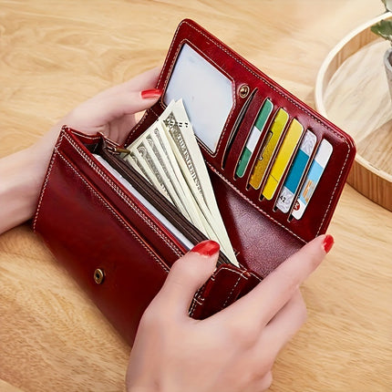 Red Women's Vintage Oil Wax Leather Long Wallet - Elegant Large Capacity Purse with Secure Zipper