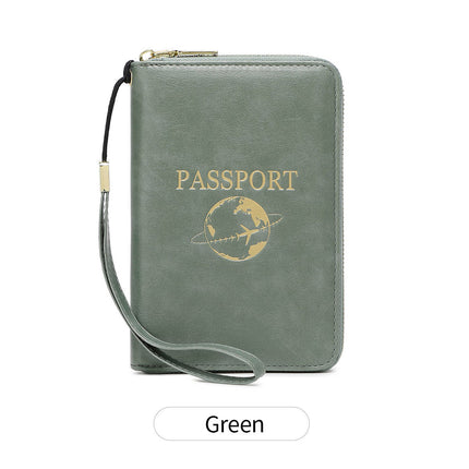 Green RFID Blocking Travel Passport Holder - Multi-functional Waterproof PU Leather Security Travel Wallet with Zipper and Wristband