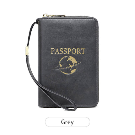 Grey RFID Blocking Travel Passport Holder - Multi-functional Waterproof PU Leather Security Travel Wallet with Zipper and Wristband