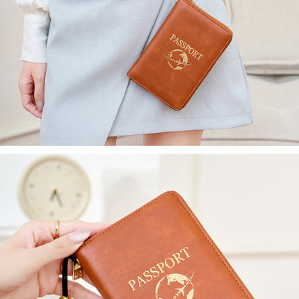 Grey RFID Blocking Travel Passport Holder - Multi-functional Waterproof PU Leather Security Travel Wallet with Zipper and Wristband