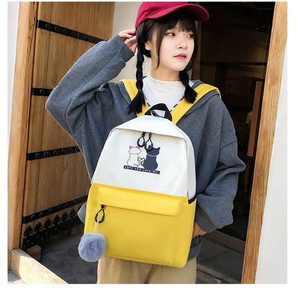 4-Piece Black Student Backpack Set with Cat Print - Durable Canvas School Bag Combo - Includes Backpack, Tote Bag, Crossbody Bag & Pencil Case