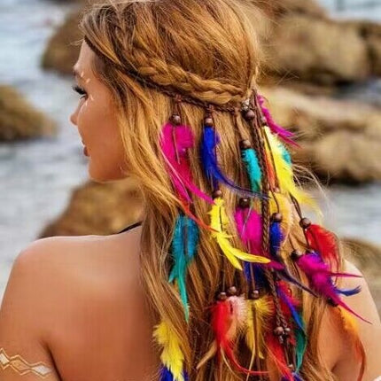 Bohemian Colorful Feather Headband - Ethnic Style Forehead Accessory & Hair Rope for Beach Vacations and Festivals