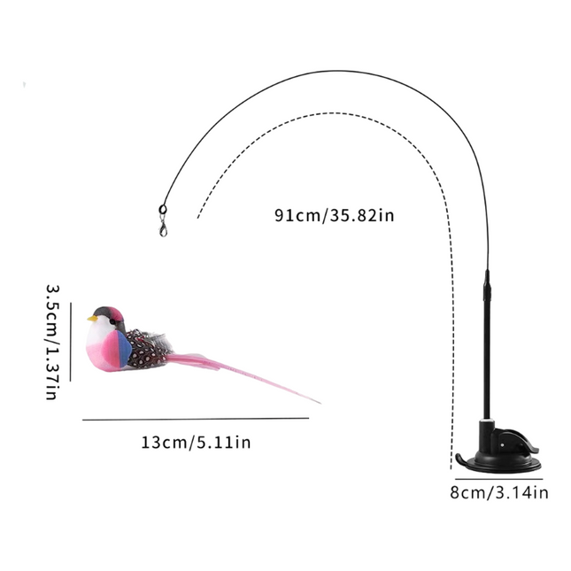 Interactive Self-Play Cat Wand with Suction Base - Automatic Bouncing Teaser Including Bell & 3 Bird Attachments(Pink)