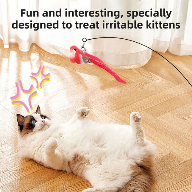 Interactive Self-Play Cat Wand with Suction Base - Automatic Bouncing Teaser Including Bell & 3 Bird Attachments(Orange)