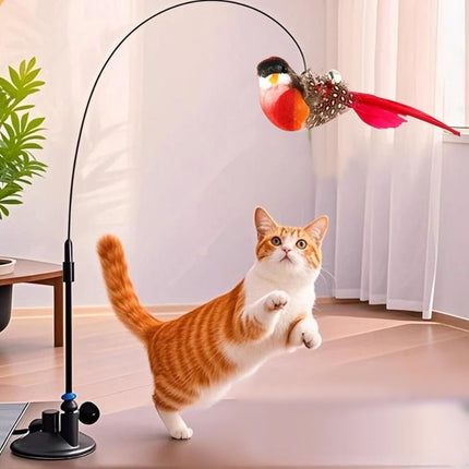 Interactive Self-Play Cat Wand with Suction Base, Feather & Bell - Automatic Bouncing Teaser(Blue)