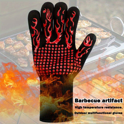 One Pair Red Extreme Heat Resistant BBQ Gloves (800°C/1472°F) - Non-Slip Silicone Coated Fireproof Mitts for Smoker, Oven & Industrial Use