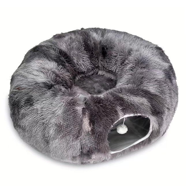 2-In-1 Dark Grey Tie-Dye Donut-Shaped Cat Tunnel Bed