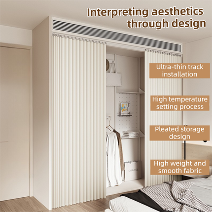 100 X 180 CM Light Gray Linen-Look Dust Drill-Free Pull-Curtain - Folding Doorless Closet Divider with Magnetic Closure & Hanging Rings