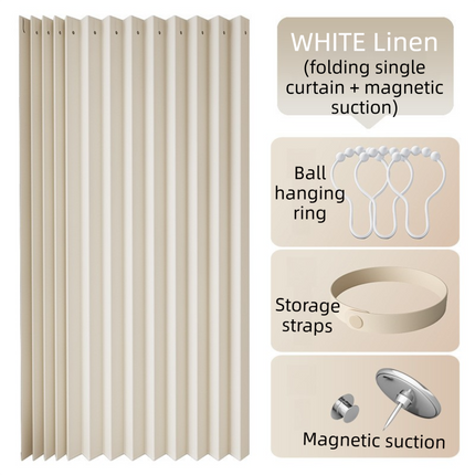 150 X 180 CM White Linen-Look Dust Drill-Free Pull-Curtain - Folding Doorless Closet Divider with Magnetic Closure & Hanging Rings