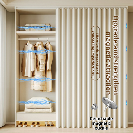 150 X 180 CM Gray Blue Linen-Look Dust Drill-Free Pull-Curtain - Folding Doorless Closet Divider with Magnetic Closure & Hanging Rings