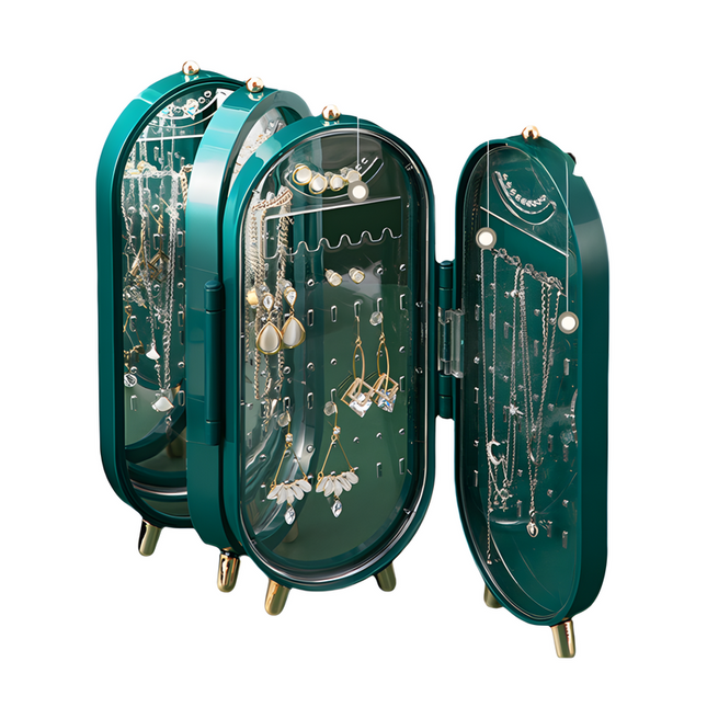Green 4-Layer Retractable Screen-Style Jewelry Display Stand With Mirror Zone