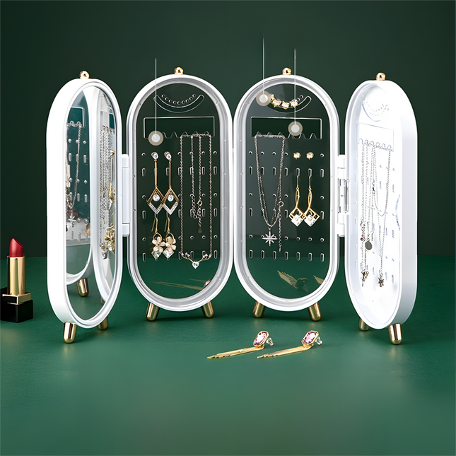 White 4-Layer Retractable Screen-Style Jewelry Display Stand With Mirror Zone