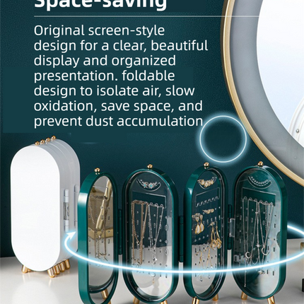 White 4-Layer Retractable Screen-Style Jewelry Display Stand With Mirror Zone - Dust-Proof Necklace & Earring Organizer Case for Vanity