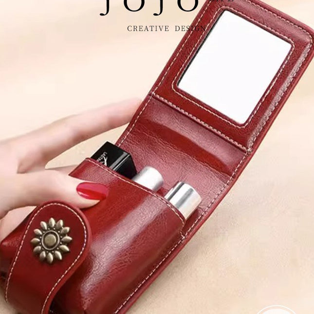 Brown Sleek Compact PU Leather Flap-Top Lip Gloss Organizer with Built-in Mirror – product detail