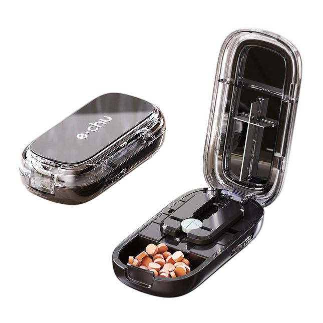 Black Portable Mini Pill Organizer with 1/2 & 1/4 Precision Cutter