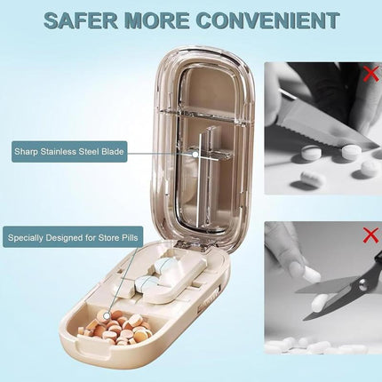Black Portable Mini Pill Organizer with 1/2 & 1/4 Precision Cutter - 3-Compartment Daily Travel Medicine Case with Rolling Knob Lock