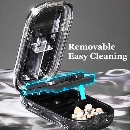 Black Portable Mini Pill Organizer with 1/2 & 1/4 Precision Cutter - 3-Compartment Daily Travel Medicine Case with Rolling Knob Lock