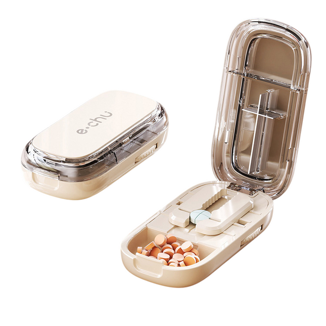 Beige Portable Mini Pill Organizer with 1/2 & 1/4 Precision Cutter