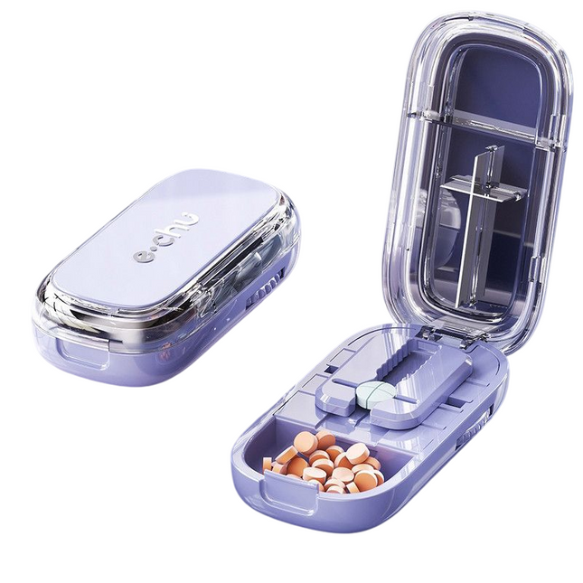 Purple Portable Mini Pill Organizer with 1/2 & 1/4 Precision Cutter