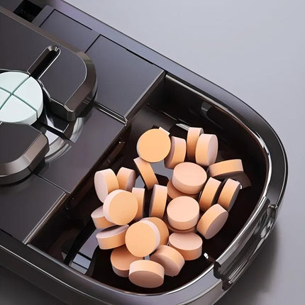 Purple Portable Mini Pill Organizer with 1/2 & 1/4 Precision Cutter - 3-Compartment Daily Travel Medicine Case with Rolling Knob Lock