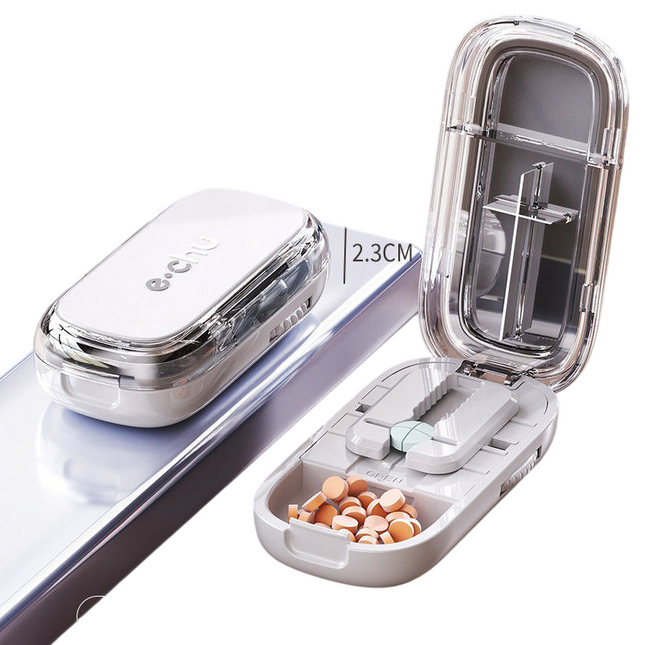 Grey Portable Mini Pill Organizer with 1/2 & 1/4 Precision Cutter