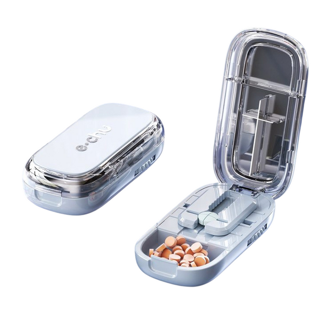 Blue Portable Mini Pill Organizer with 1/2 & 1/4 Precision Cutter