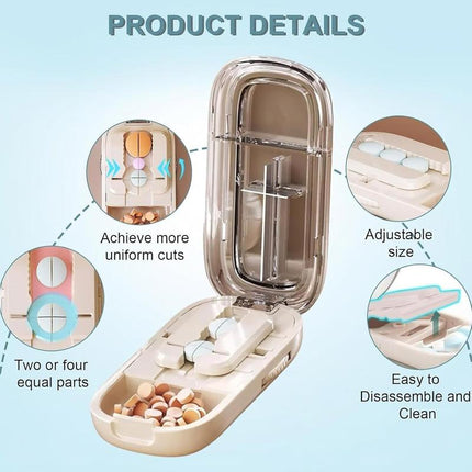 Blue Portable Mini Pill Organizer with 1/2 & 1/4 Precision Cutter - 3-Compartment Daily Travel Medicine Case with Rolling Knob Lock