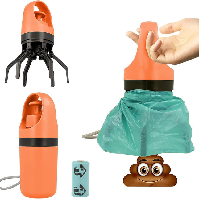 Orange Foldable 6-Claw Pet Pooper Scooper with Integrated Waste Bag Dispenser & 1 Roll of Bags