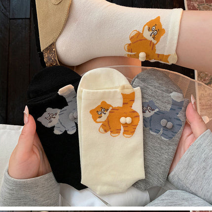 6-Pair Cute 3D Cartoon Cat Mid Socks - Breathable & Odor-Resistant Cotton Blend with Fun & Quirky Cat Pattern