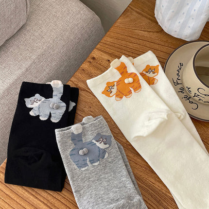 6-Pair Cute 3D Cartoon Cat Mid Socks - Breathable & Odor-Resistant Cotton Blend with Fun & Quirky Cat Pattern