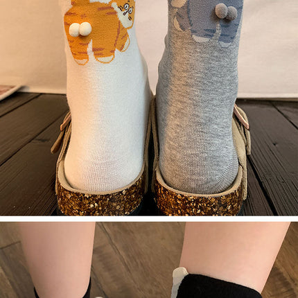 6-Pair Cute 3D Cartoon Cat Mid Socks - Breathable & Odor-Resistant Cotton Blend with Fun & Quirky Cat Pattern