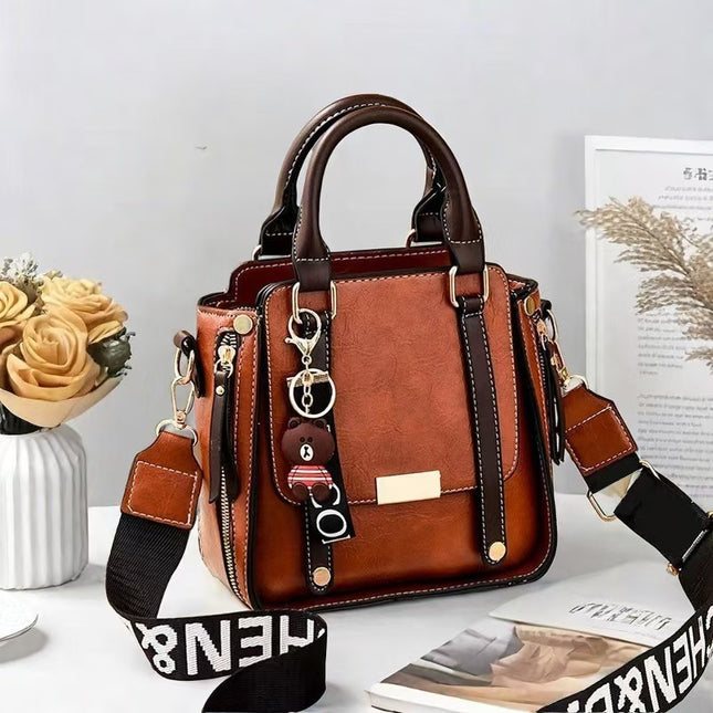 Caramel Trendy Vertical Square PU Leather Moto Crossbody Bag & Tote with 5-Pocket Organized Compartments &