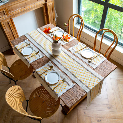 White-Brown Bohemian Woven Dining Mat with Tassels(30X50CM) - Wrinkle-Resistant Striped Placemat for Wedding, Holiday & Outdoor Party