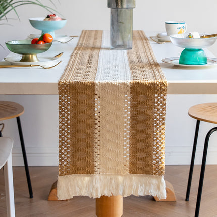 White-Grey Bohemian Woven Dining Mat with Tassels(30X50CM) - Wrinkle-Resistant Striped Placemat for Wedding, Holiday & Outdoor Party