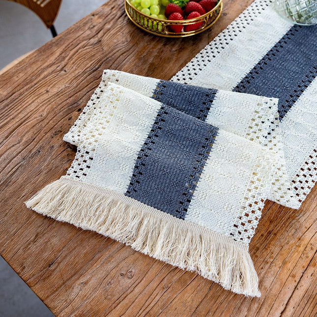 White-Grey Bohemian Woven Table Runner with Tassels(30X183CM)
