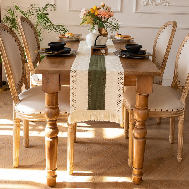 White-Green Bohemian Woven Table Runner with Tassels(30X183CM)
