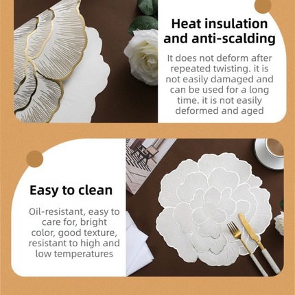 4-Pack Gold Luxury Bronzing Floral Heat-Insulated Placemats - Lotus Style Anti-Slip & Waterproof PVC Table Mats(38x38CM)
