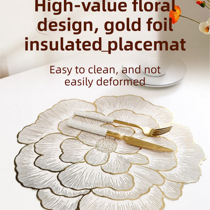 4-Pack Rose-Gold Luxury Bronzing Floral Heat-Insulated Placemats - Lotus Style Anti-Slip & Waterproof PVC Table Mats(38x38CM)