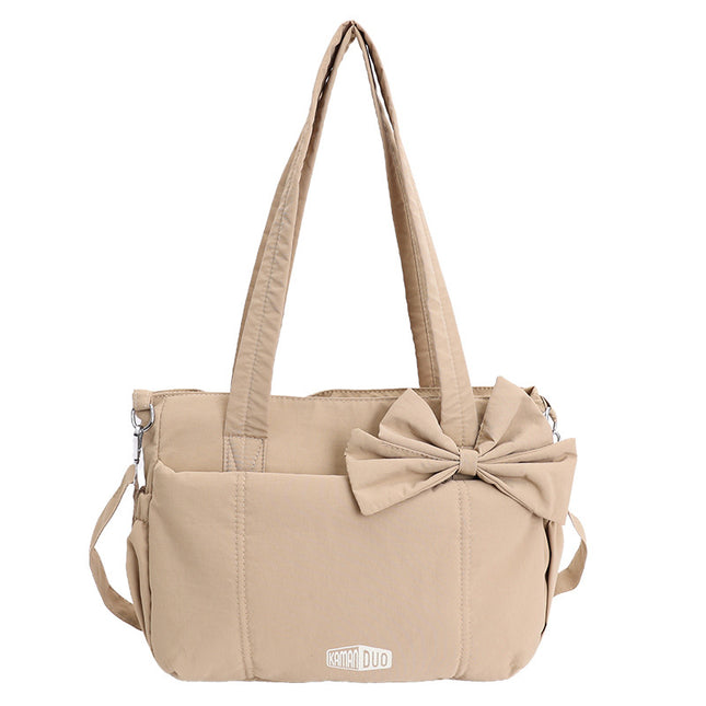 Khaki Puffy Quilted Nylon Hobo & Crossbody Bag with Cute Bowknot