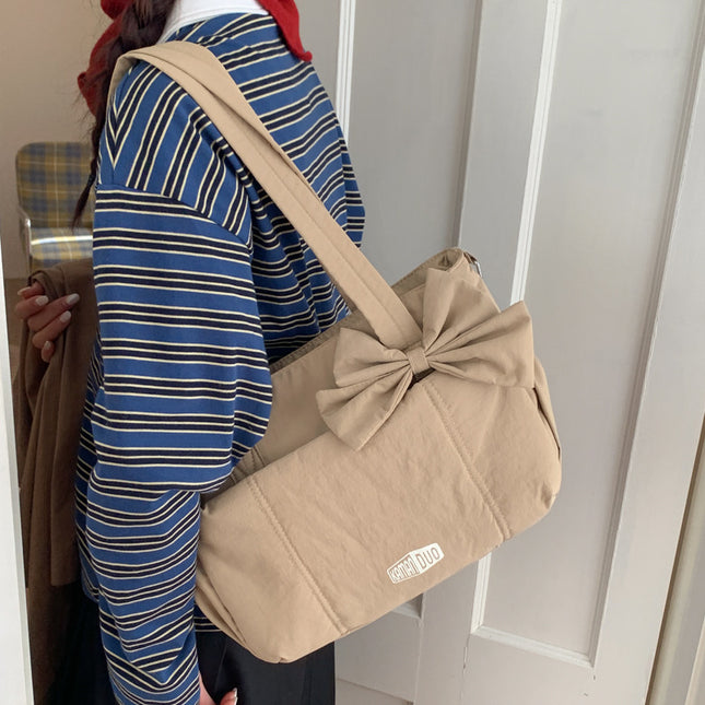 Khaki Puffy Quilted Nylon Hobo & Crossbody Bag with Cute Bowknot – product detail