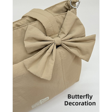 Khaki Puffy Quilted Nylon Hobo & Crossbody Bag with Cute Bowknot – shape and profile