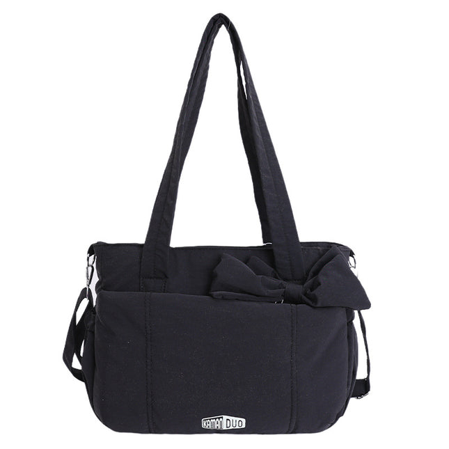 Black Puffy Quilted Nylon Hobo & Crossbody Bag with Cute Bowknot