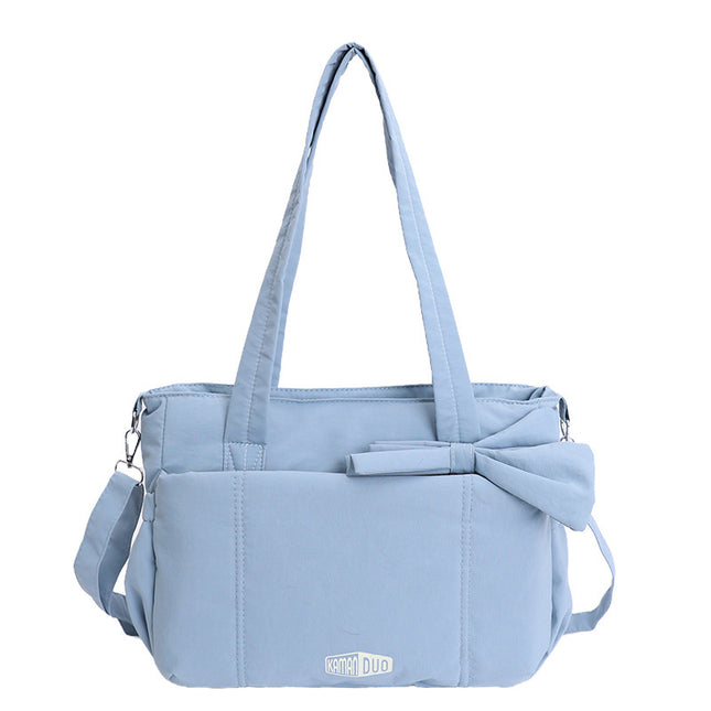 Blue Puffy Quilted Nylon Hobo & Crossbody Bag with Cute Bowknot