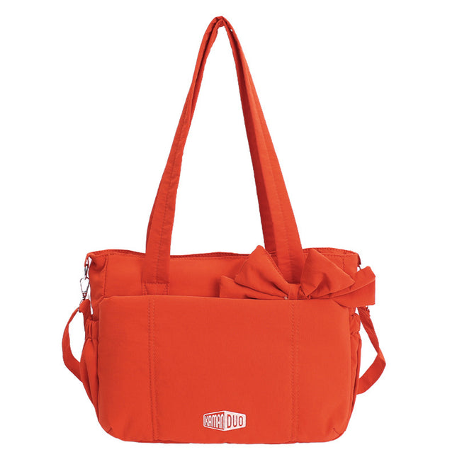 Red Puffy Quilted Nylon Hobo & Crossbody Bag with Cute Bowknot