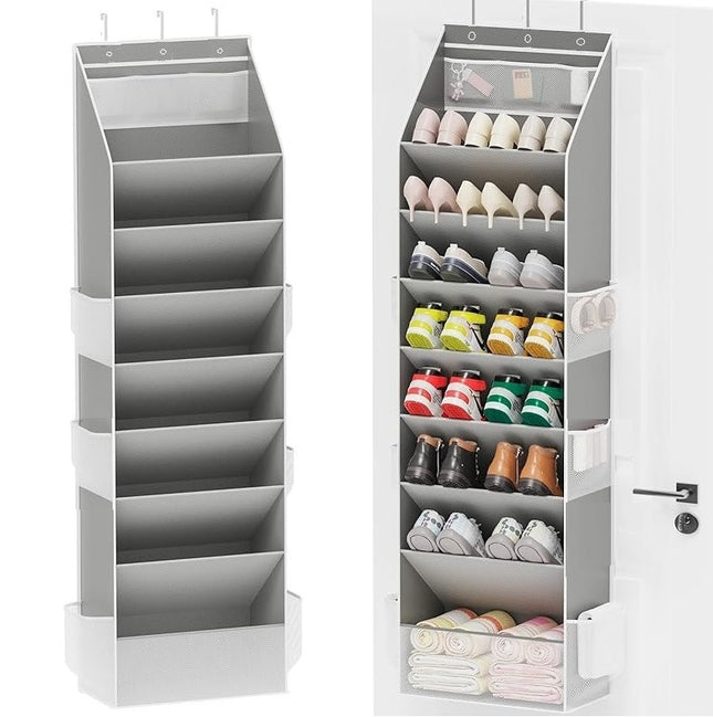 Grey 8-Tier Over-the-Door Shoe Organizer with 7 Slanted & 1 Flat & 6 Side Pockets